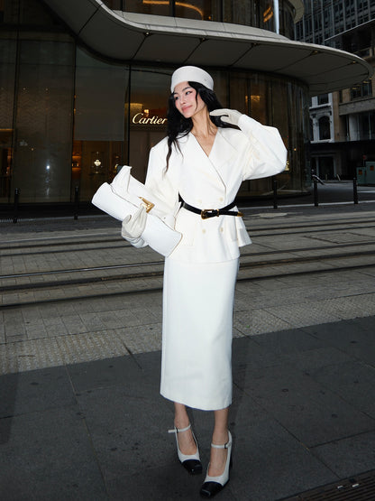 MEI SANGUAN Beige Wide-Shoulder Blazer & Midi Skirt Suit