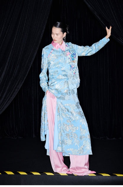 M essential Mackay designer blue pink embroidered contrast lapel shirt pant dress set - halle.
