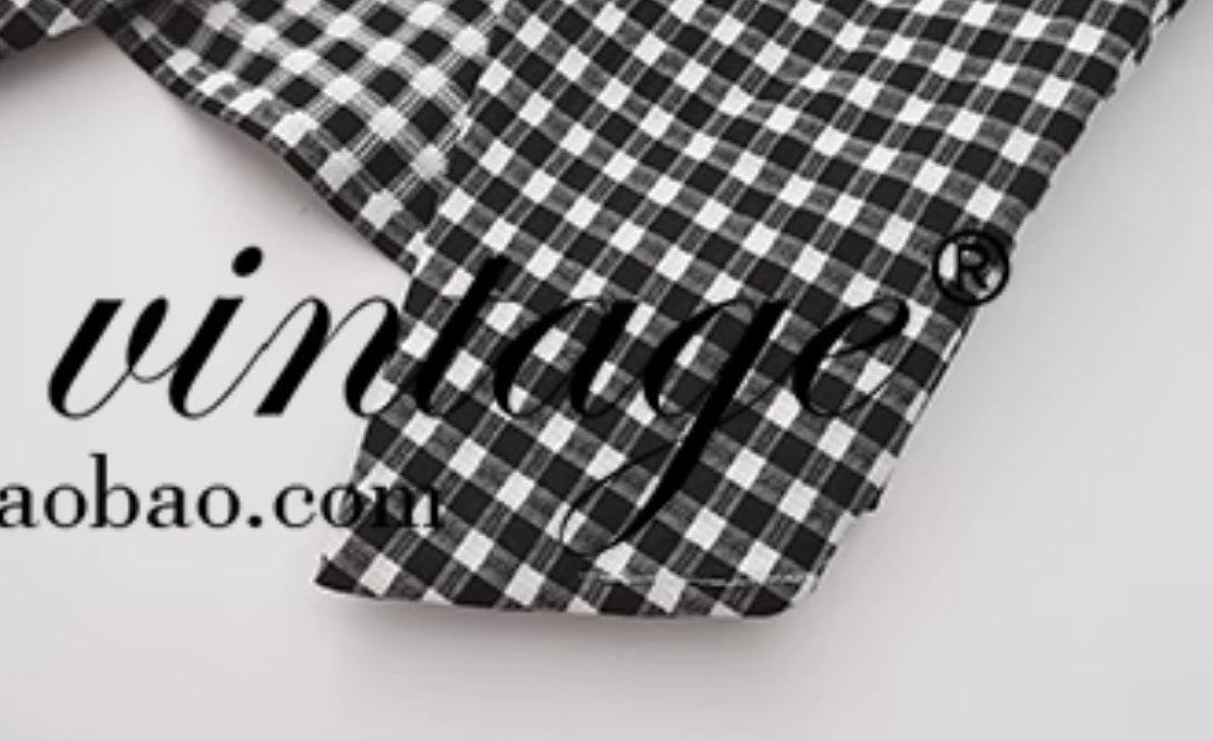 Le Palais Vintage Black & White Plaid Slim Puff Sleeve Shirt-ARARAGI.