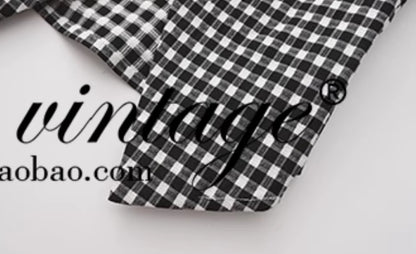 Le Palais Vintage Black & White Plaid Slim Puff Sleeve Shirt-ARARAGI.