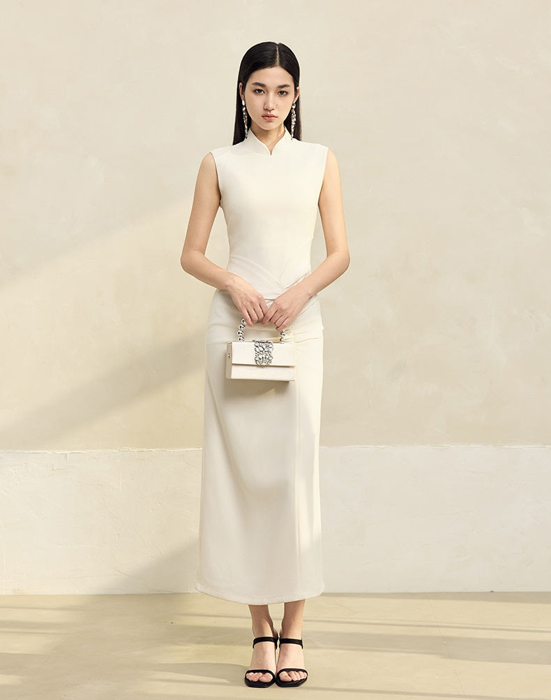 HECO Acetate Waist Black White Pleated Slim Dress Women - EARTH.