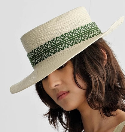COMME MOI Lv Yan Designer Summer Women's Green Flower Fabric Ribbon Straw Hat - CLAIRE.