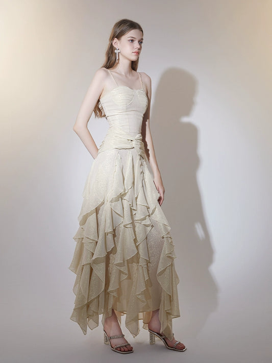 Wardrobes by Chen Elegant Beige Sleeveless Irregular Long Dress-COCO