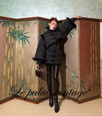 Le Palais Vintage Luxury Retro Black Cotton Short Fur Jacket + High Waist Skirt-Carla