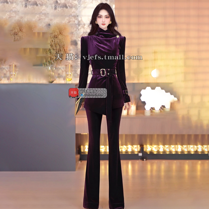 VJE Velvet Top Flared Pants Two-Piece Set Suit-MOON.
