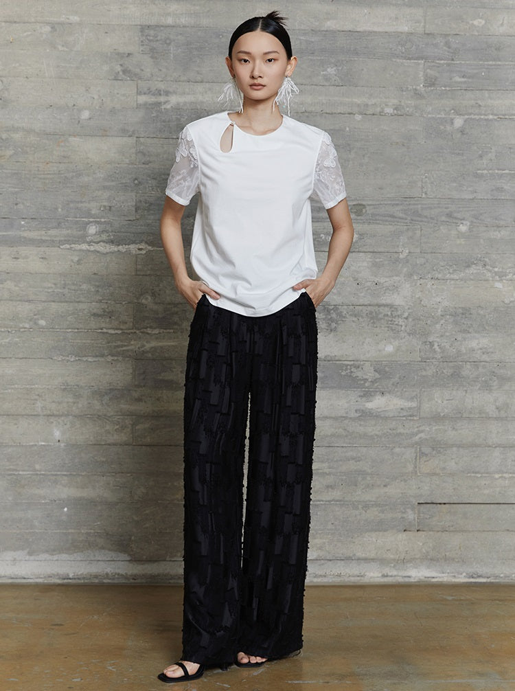 HECO jacquard loose thin wide-leg high waisted black pink apricot PANTS women - PURPOSE.