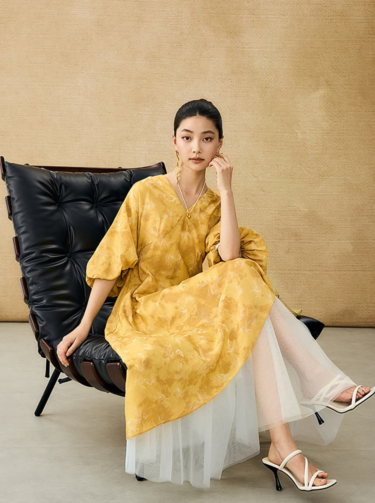 HECO Chinese V-Neck Waist Summer Elegant Floral Stitched Mesh dress - TULIP .