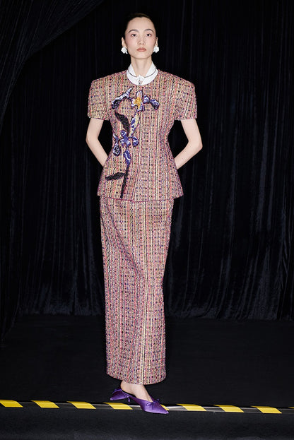 M essential Ma Kai designer kneaded gold coarse spinning iris stacked embroidery slim top - LIVING.