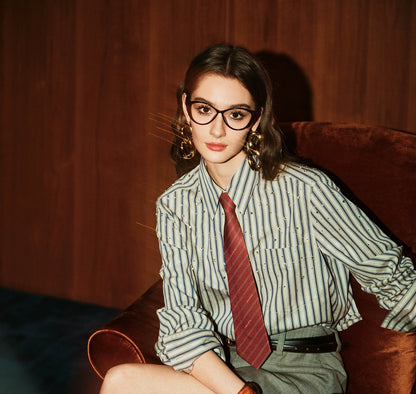 ANNASPEAK striped long staple cotton truncated shirt-QUEN.