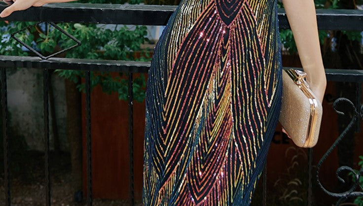 DOLLY Elegant Colorful Black Sleeveless Sequin Long Suspender Banquet Dress-LUNE