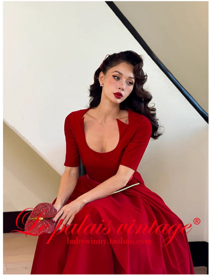 Le Palais Vintage Elegant Irregular Red Velvet Waist Swing Dress stereo
