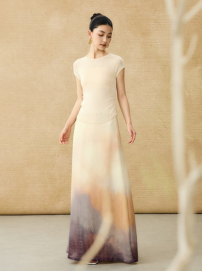 HECO Chinese style slightly transparent round neck knitted short sleeve T-shirt -BING.