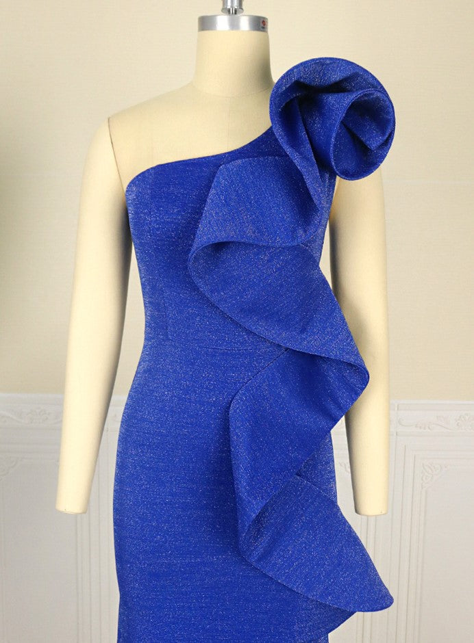 DOLLY Elegant Blue Retro Style Ruffled Off Shoulder Long Slim Fit Slit Dinner Dress-CHITA