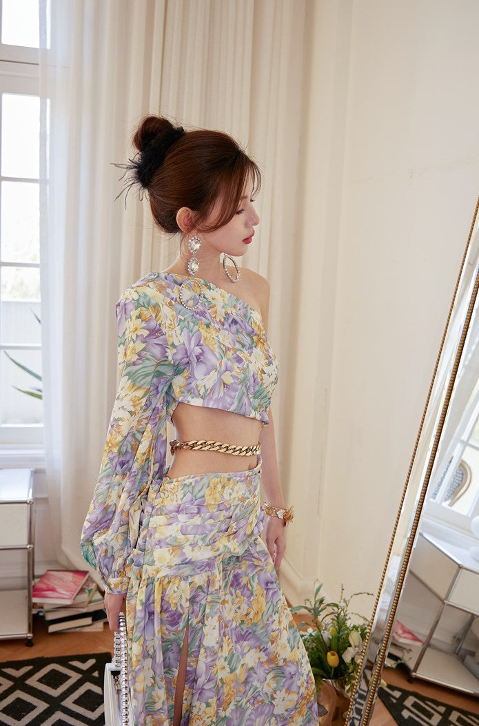 DOLLY Luxury French Style Floral One Sleeve Off Shoulder Waist Baring Slit Resort Dress-LYRA