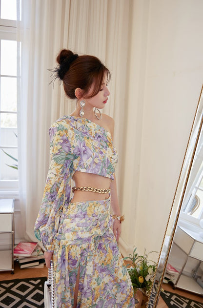 DOLLY Luxury French Style Floral One Sleeve Off Shoulder Waist Baring Slit Resort Dress-LYRA