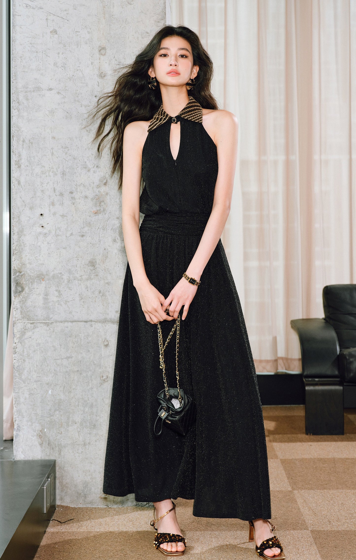 WANGXO | Extravagant Sparkling Meteor Diamond  Metallic Striped Umbrella Hem Sleeveless Dress -ZIVI