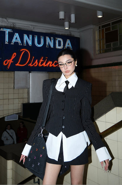 MEI SANGUAN Striped Slim Skirt Suit & Shirt Four-Piece Set - ASTRA