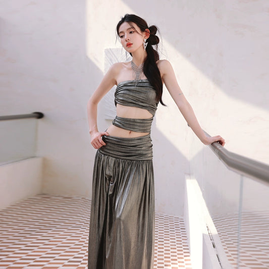DOLLY Elegant Metallic Gray Skin Revealing Tube Top Long Dinner Dress-NIKITA  (V)