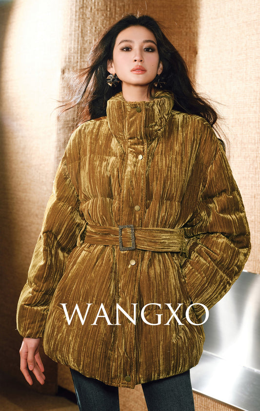 WANGXO |Pleated Velvet Jacket with Stand-Up Collar and Belt-ESMA.
