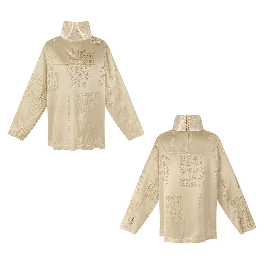 TUYUE Satin Calligraphy Dark Pattern High Neck Breasted Straight Shirt- KAYLA.