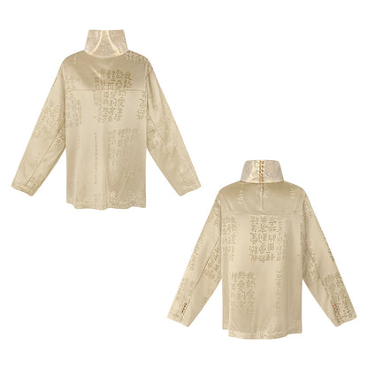 TUYUE Satin Calligraphy Dark Pattern High Neck Breasted Straight Shirt- KAYLA.