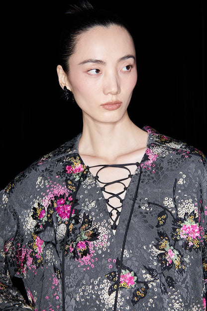 M essential Mackay designer cherry blossom print beads scissor neck loose top - NOCTAINE.