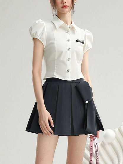 CHECOCRE Stubble sweet cool girly suit dark gray pleated skirt - MEDE.