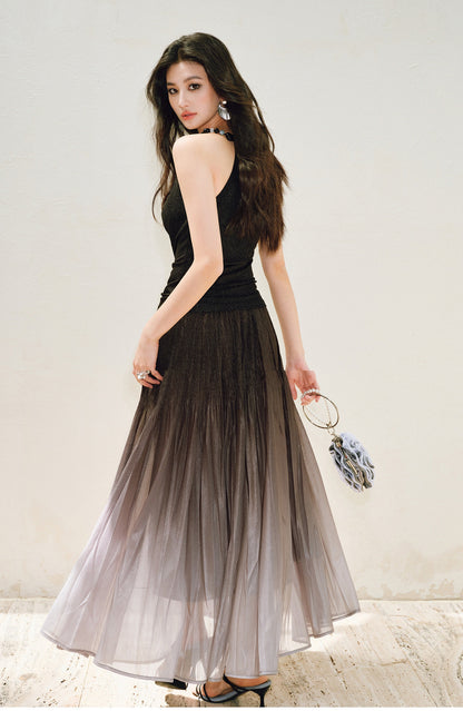 WANGXO |High-Waisted Umbrella Hem Romantic Skirt with Luxe Shimmer-LINA
