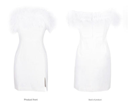 DOLLY Luxury Black/White Off Shoulder Fluffy Feather Short Slit Date Dress-JEMMA