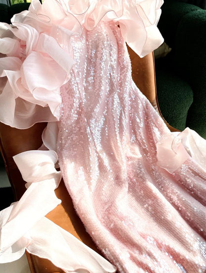 DOLLY Elegant White Off Shoulder Sequin Ruffled Tube Top Banquet Dress-ALICIA