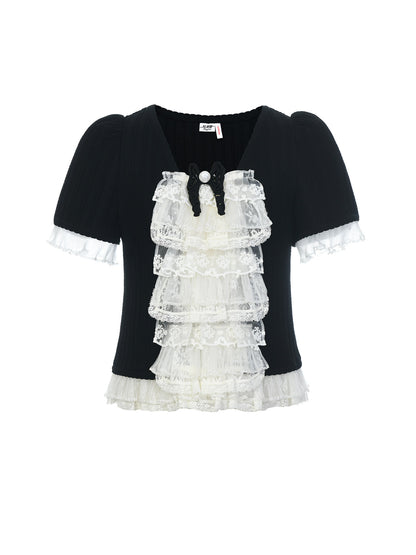 FAME multi-layer ruffled patchwork knitted top contrasting bow - AISHA