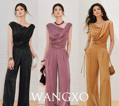 WANGXO | Sleek Cupro Asymmetrical Top and Highwaisted Pants Set -ELENORA.