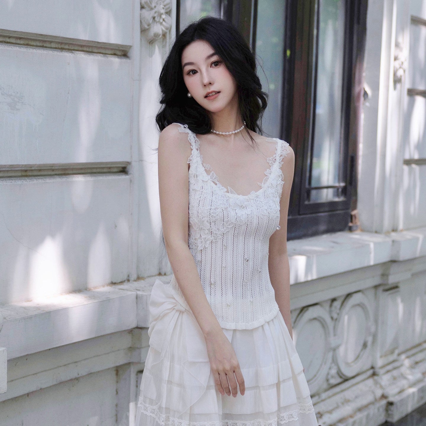 FAME lace-style spliced knitted vest suspender underwear top - PRECIOUS