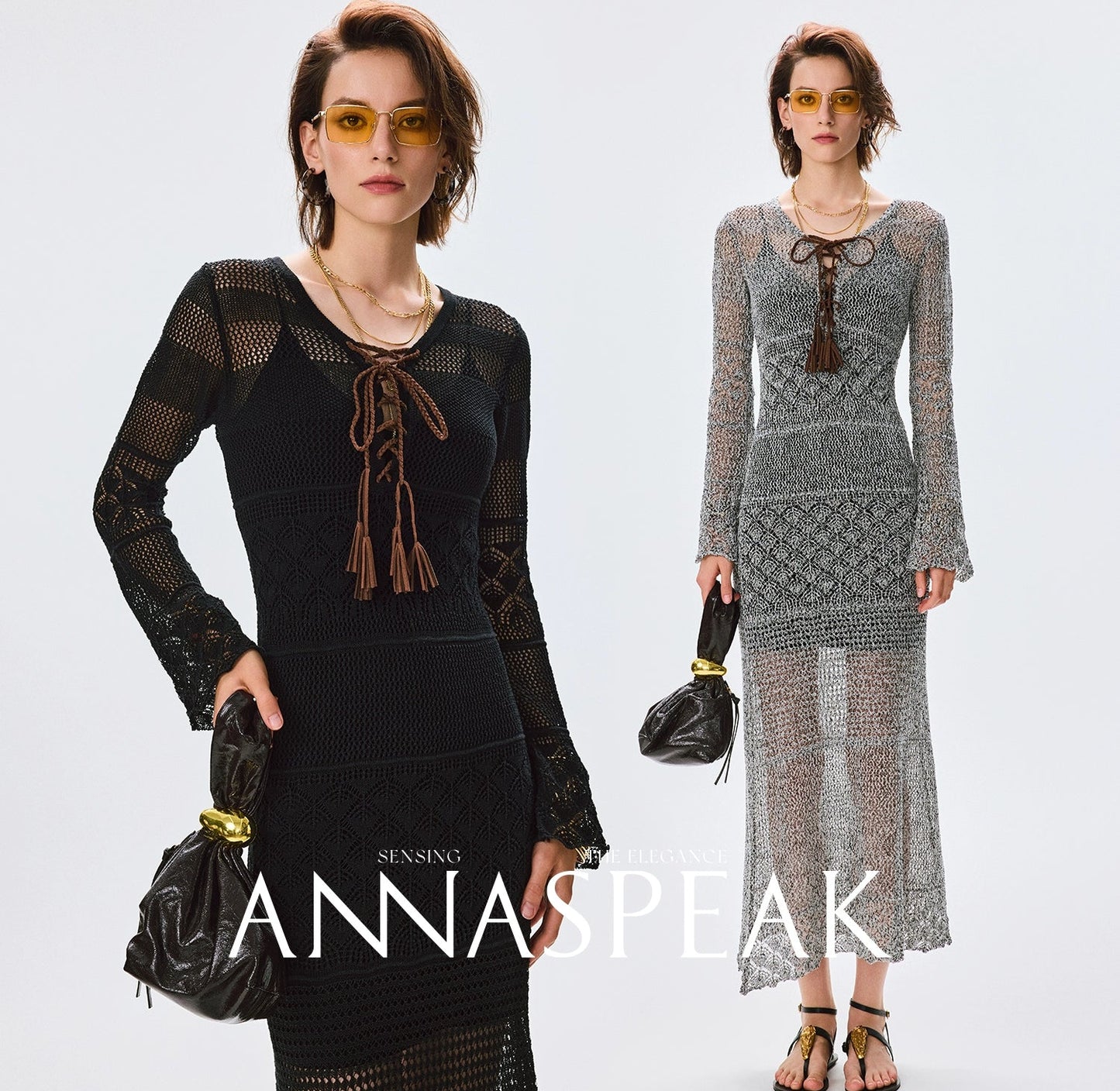 ANNASPEAK Fringe Lace-up Slim Knit Dress- CHACHA.