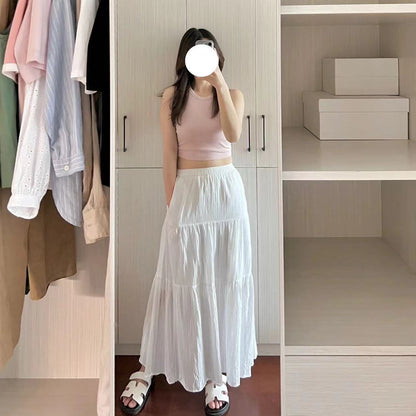 PIAOIN French pleated design three-tiered cake maxi pleated skirt spring-BELLE