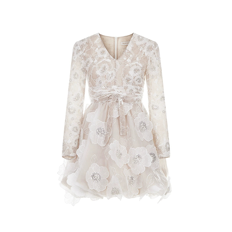 Wardrobes By Chen Off White Long Sleeve Flower Lace Party  bridal Dress- Asha