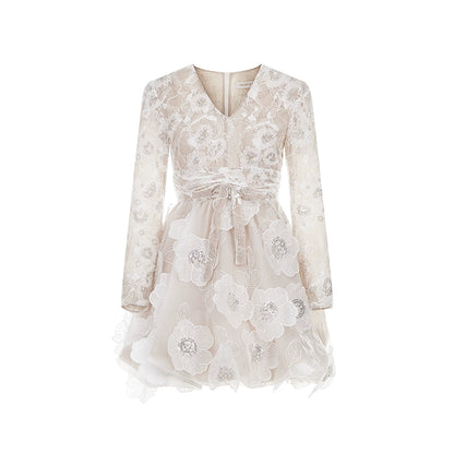 Wardrobes By Chen Off White Long Sleeve Flower Lace Party  bridal Dress- Asha