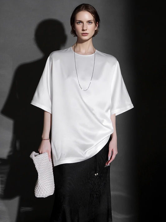 PIAOIN light luxury acetate satin glossy mid sleeve body shirt - CHARLOTTE