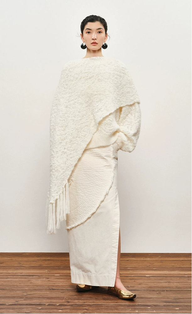 ZHUCHONGYUN crew neck edelweiss fringed knit cover-up shawl jacket-BROCADE.