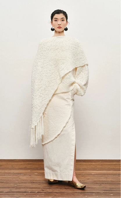 ZHUCHONGYUN crew neck edelweiss fringed knit cover-up shawl jacket-BROCADE.