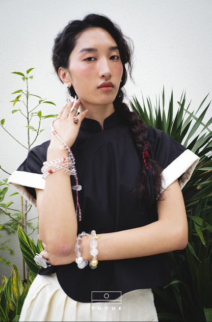 TUYUE Black Asymmetrical Placket Crisp Short Sleeve Top- MERLIN.
