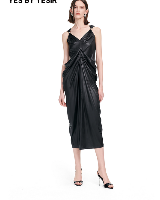 YES BY YESIR | Ye Qians Pleated Romantic Long Dress with Sculptural Ring Ornament-AMELINA.