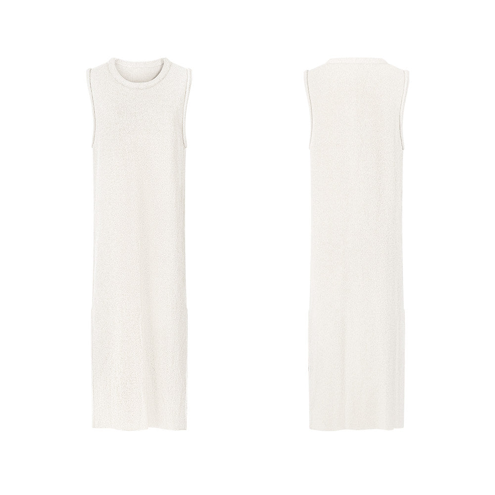 TUYUE Simple and elegant knitted crew neck sleeveless double slit dress- BRONU.