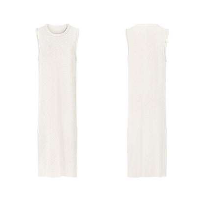 TUYUE Simple and elegant knitted crew neck sleeveless double slit dress- BRONU.