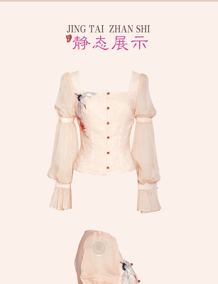 Magic Q "Lotus Crane" crimson crane print square neck, bud sleeves, shirt side slit, beaded skirt set