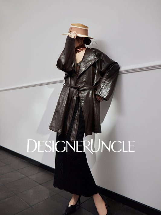 DGU "Obscure Shadow" Flower Coffee Haining Genuine Leather Retro Slimming Top - HEADS.