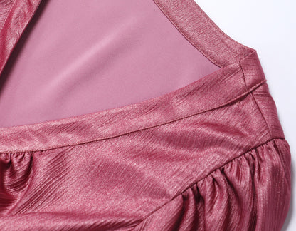 WANGXO Lumina Silk Satin Twill V-Neck Puff Sleeve Top - REYNA.