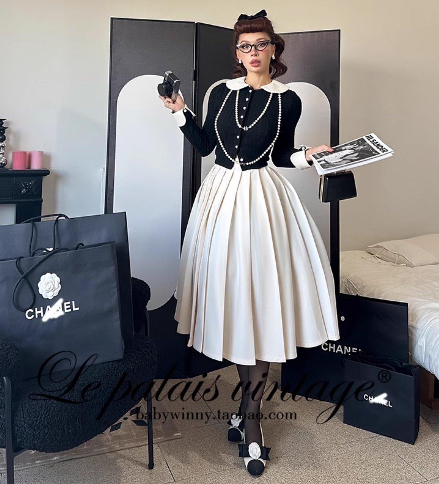 Le Palais Vintage Elegant Black and White Round Neck Cardigan High Waist Pencil Office Skirt-Ivy