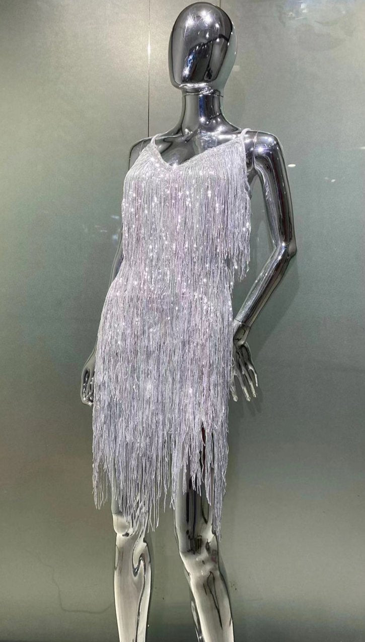 DOLLY Elegant Turquoise Green Sleeveless V-neck Tassel Glitter Cocktail Dress-ALEXA