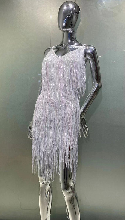 DOLLY Elegant Turquoise Green Sleeveless V-neck Tassel Glitter Cocktail Dress-ALEXA